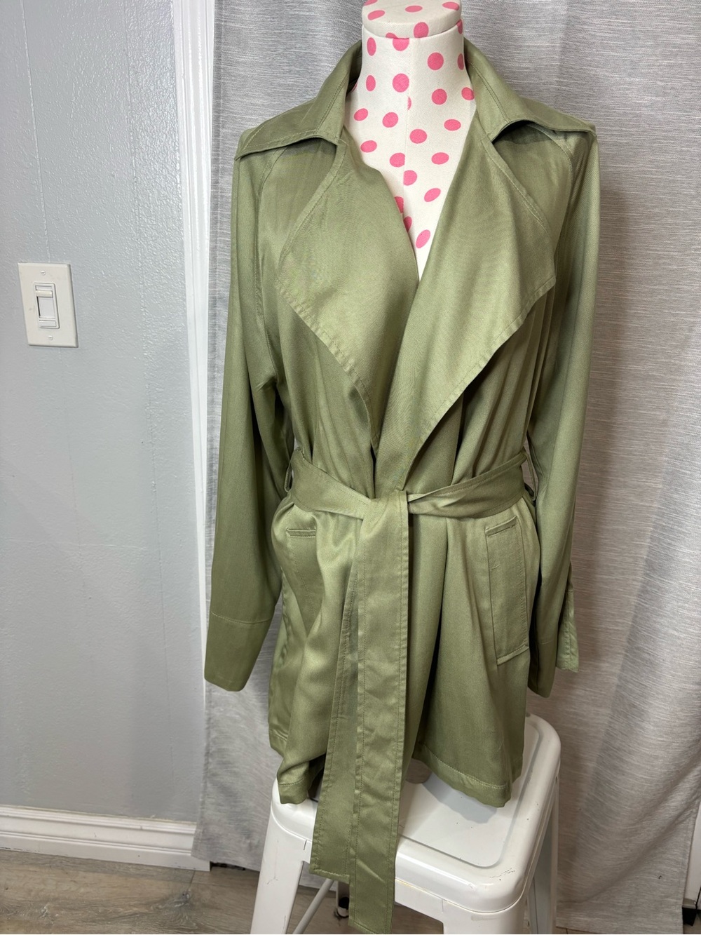 bagatelle Olive Green Draped Trench Coat with Self-Tie Belt